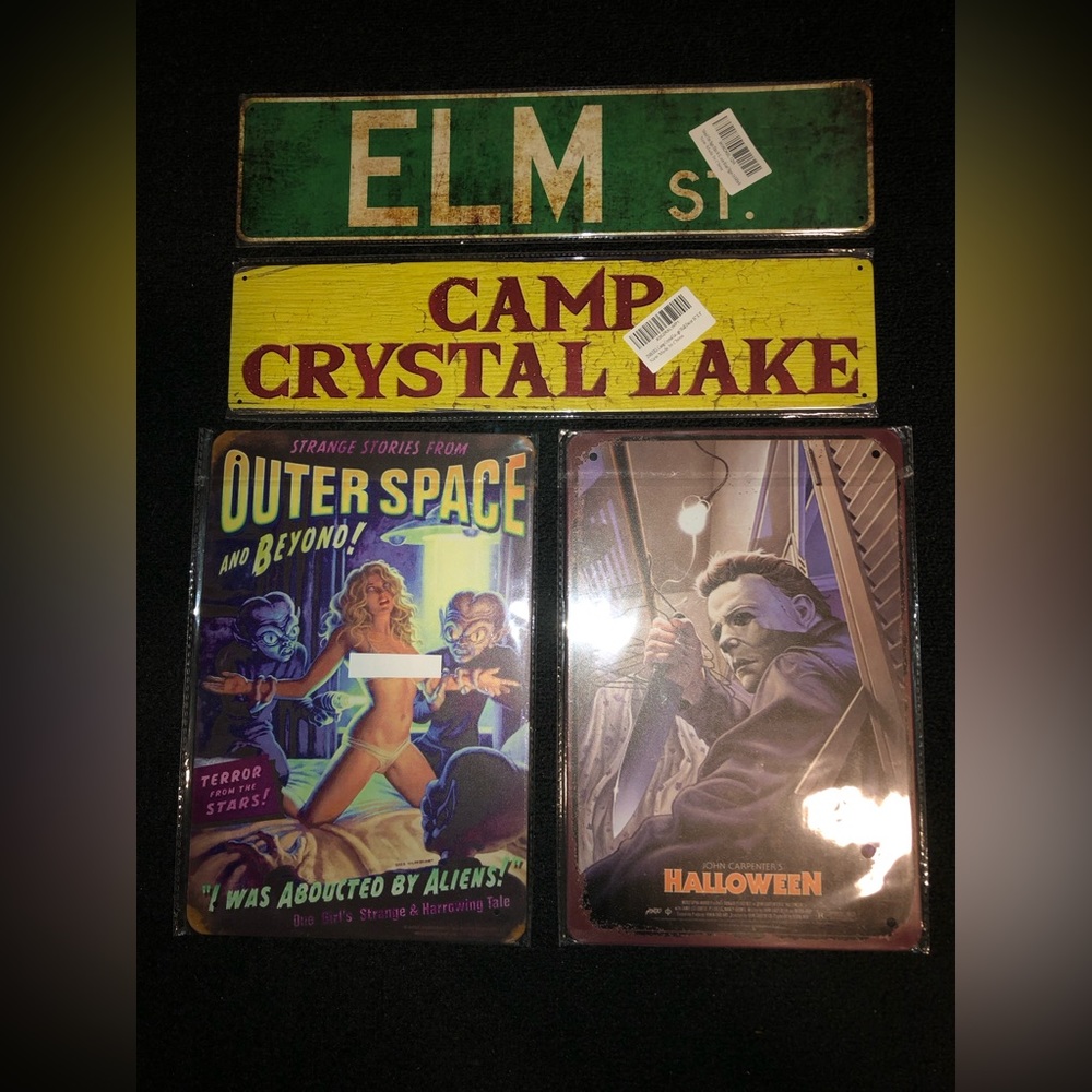 4 Tin Metal Movie Signs.